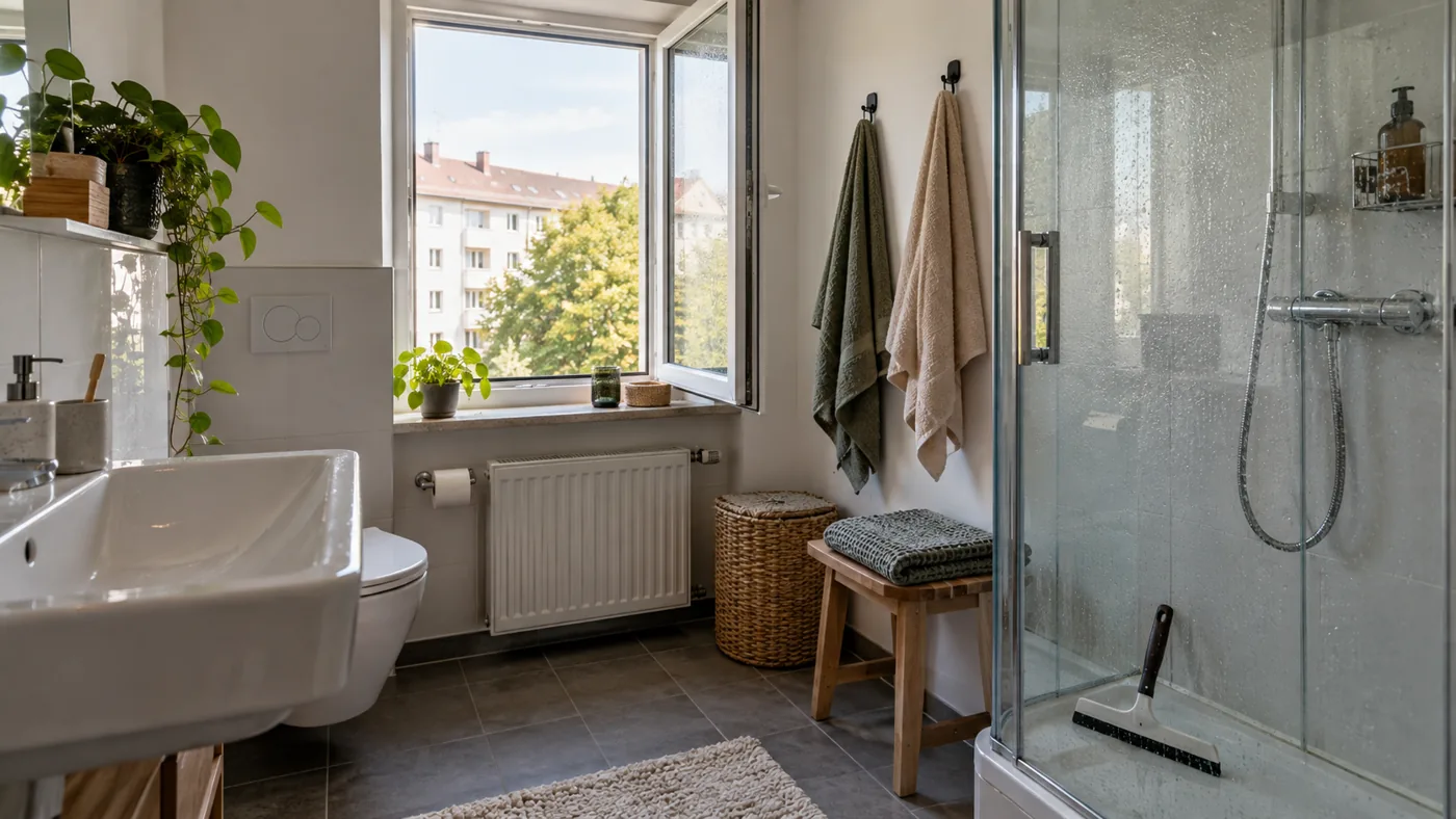 Badezimmer nach dem Duschen mit geöffnetem Fenster, Wassertröpfchen an der Duschwand und Abzieher