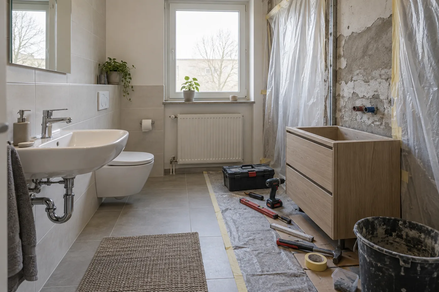 Teilrenoviertes Badezimmer mit erhaltenen Sanitärobjekten, geschützter Baustelle und neuem Waschtischunterschrank
