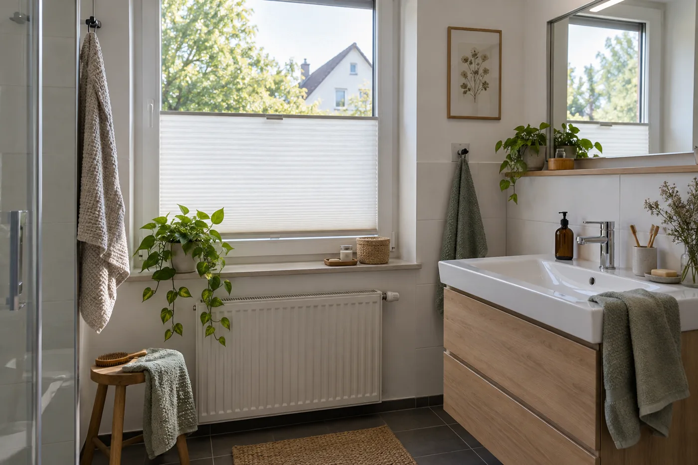 Helles Badezimmer mit halbhoch geschlossenem Plissee als Sichtschutz am Fenster