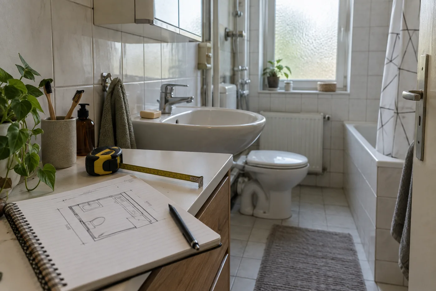 Kleines Badezimmer mit Maßband und Skizze für die Renovierungsplanung