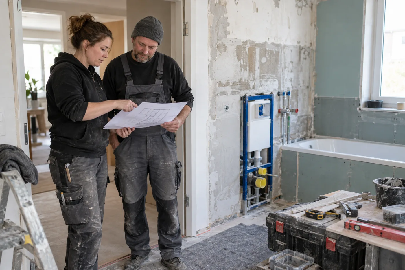 Zwei Handwerker prüfen während einer Badrenovierung gemeinsam den Grundriss
