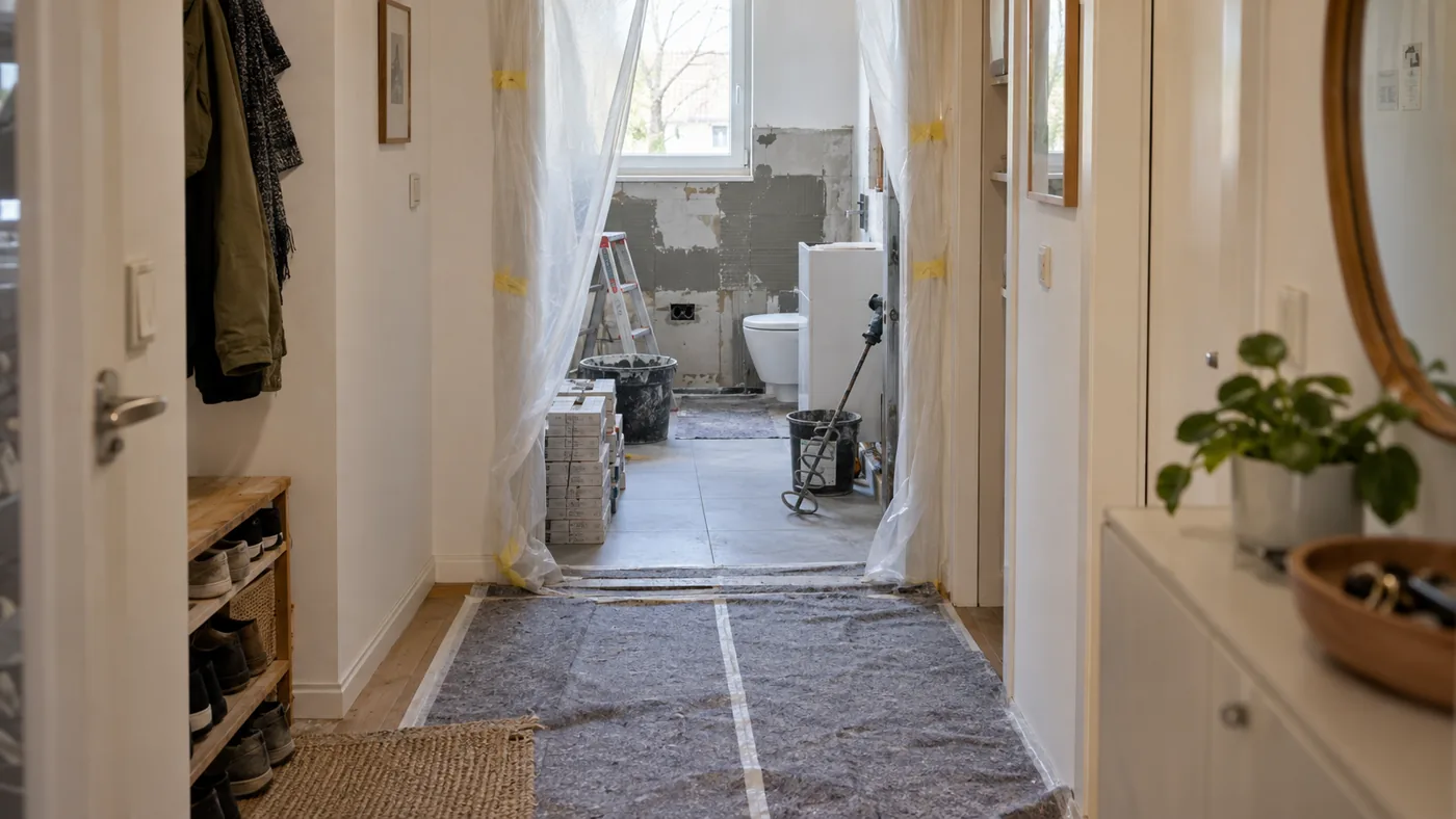 Abgetrennter Badezimmer-Baubereich mit Bodenschutz in einem bewohnten Wohnungsflur