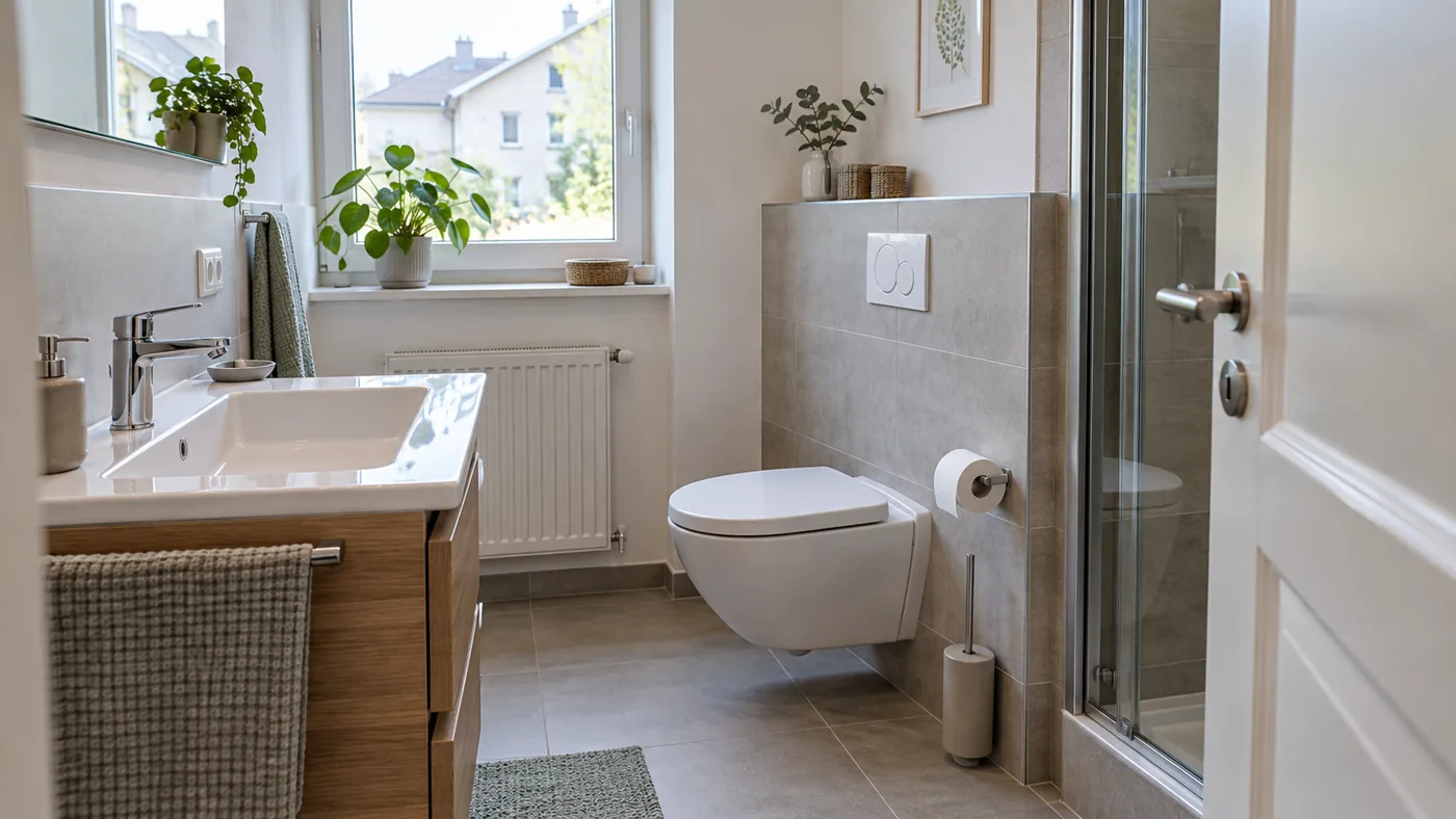 Wandhängendes WC mit freier Bodenfläche neben Waschtisch und Dusche in einem kleinen Bad