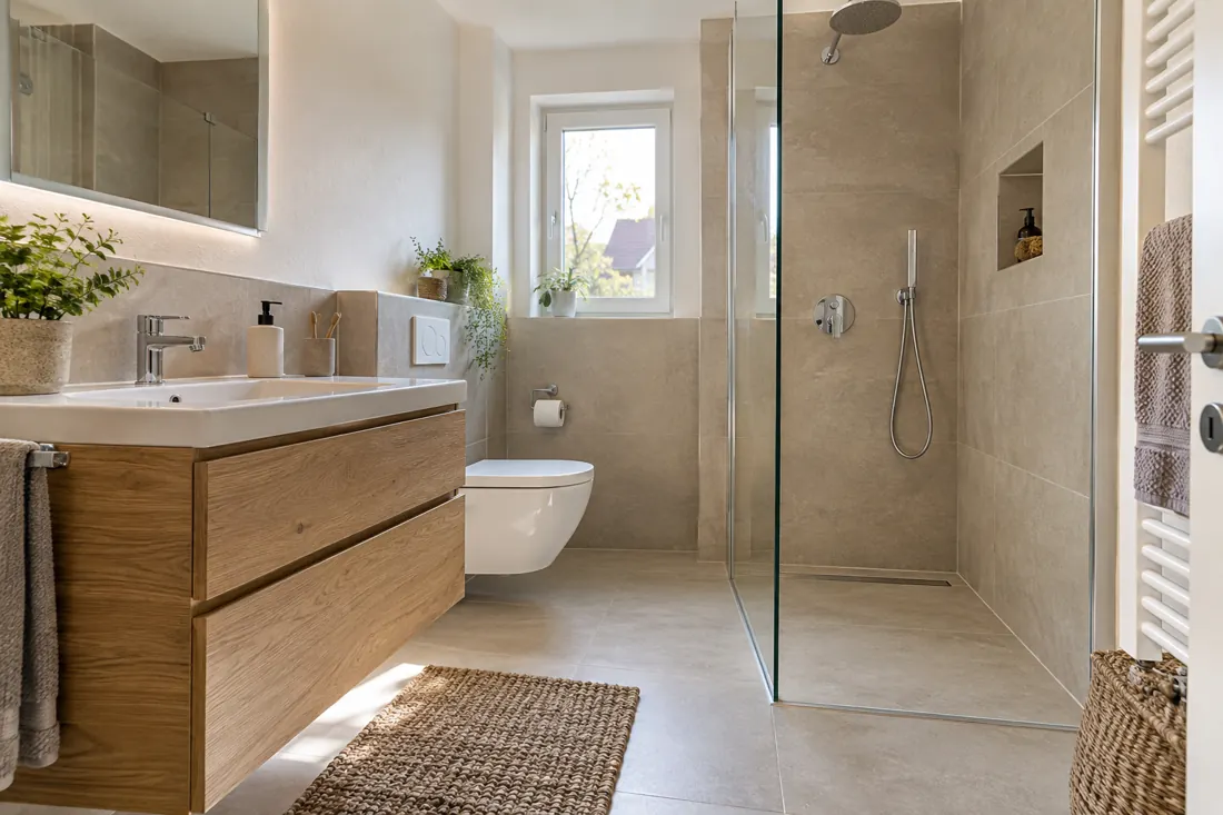 Kompaktes renoviertes Bad mit Holzwaschtisch und bodengleicher Dusche